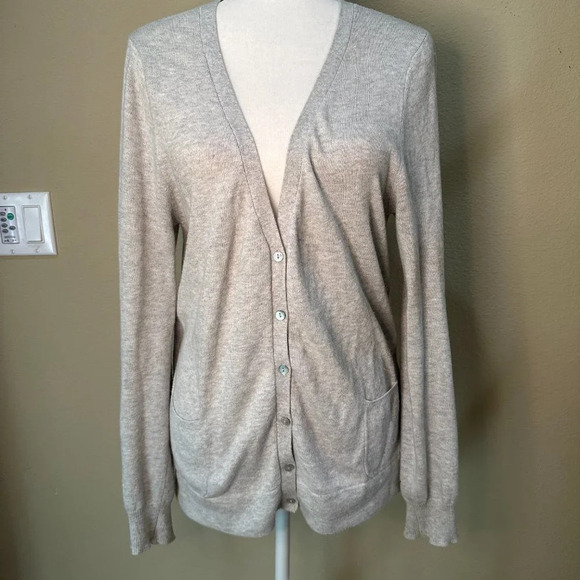 ANTHROPOLOGIE Sheer Chiffon Back Grey Striped Cardigan Sweater - size medium - Picture 3 of 6